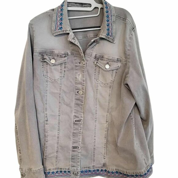 Embroidered Distressed Denim Jacket Gray Coldwater Creek Plus Size 2XL Grunge - Picture 2 of 11